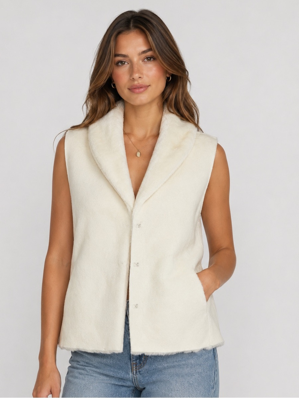 Lauren Ralph Lauren Faux Shearling Vest Women's Large Sleeveless Hook Front Coat